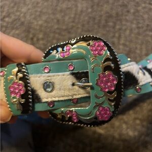 Turquoise and Pink Embellished Belt cowprint